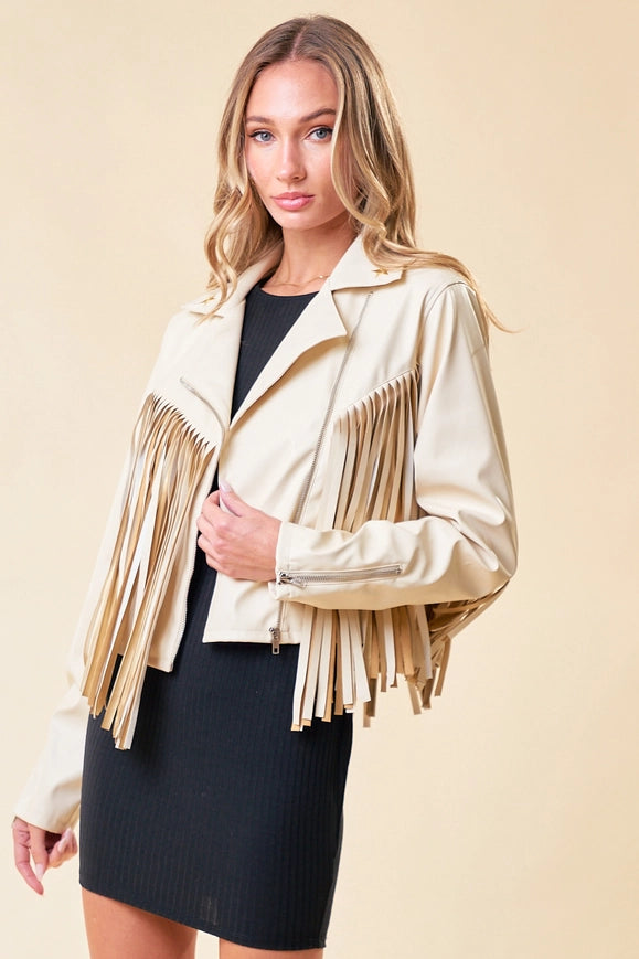 Cream Faux Leather Fringe Jacket with Gold Stars-Jacket-Saints & Hearts-S-Urbanheer