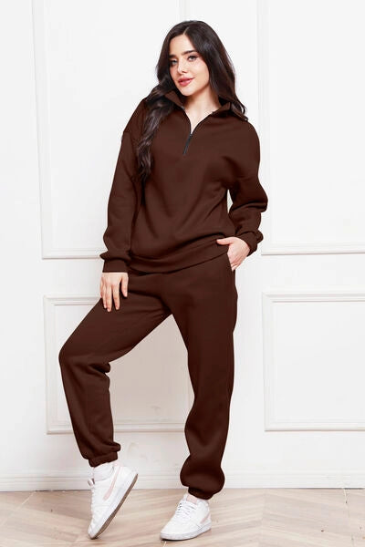 Half Zip Long Sleeve Sweatshirt and Pants Set Chocolate-Sets-Blak Wardrob-S-Urbanheer