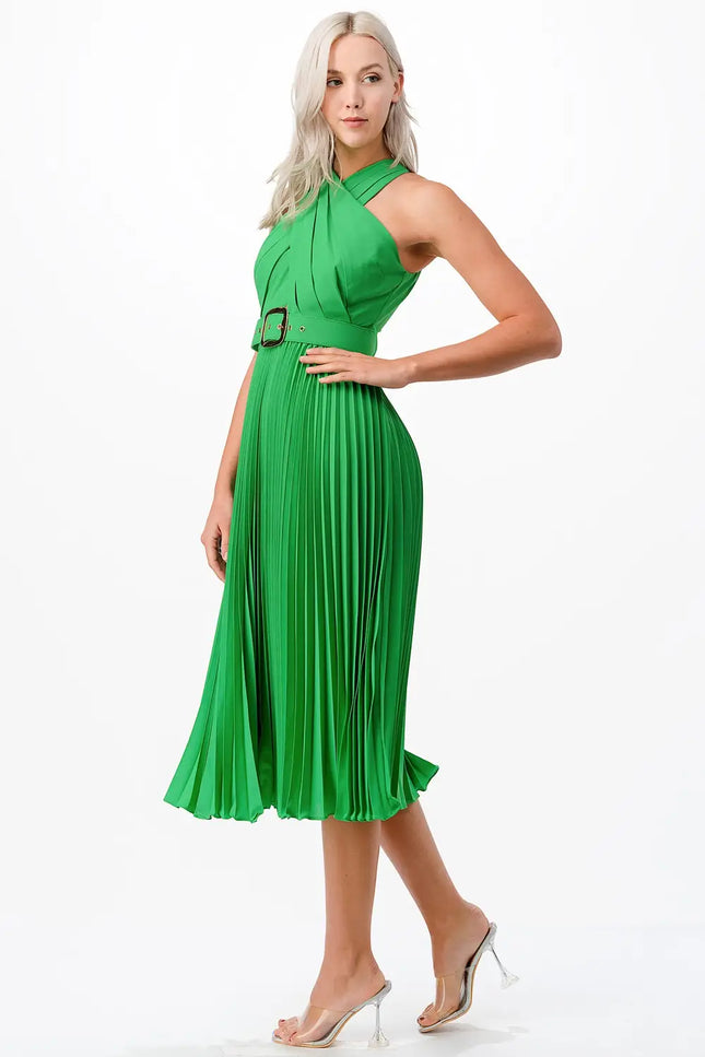 Cross Over Pleats Midi Dress- Green-Clothing - Women-Neon Blush-Urbanheer
