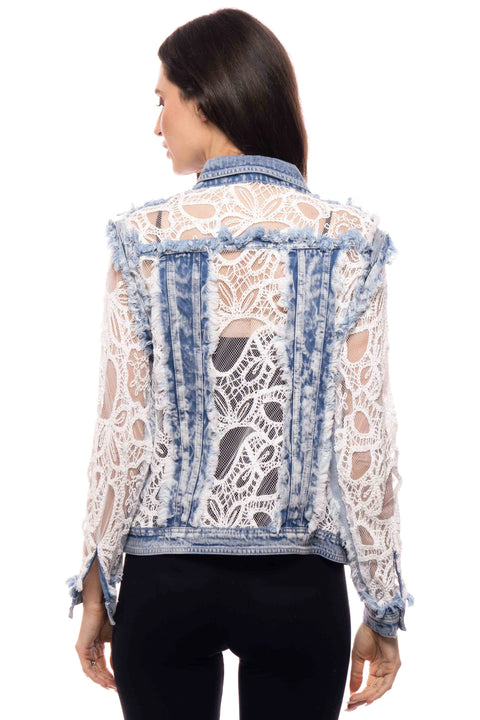 Lace Insert Distressed Denim Jacket
