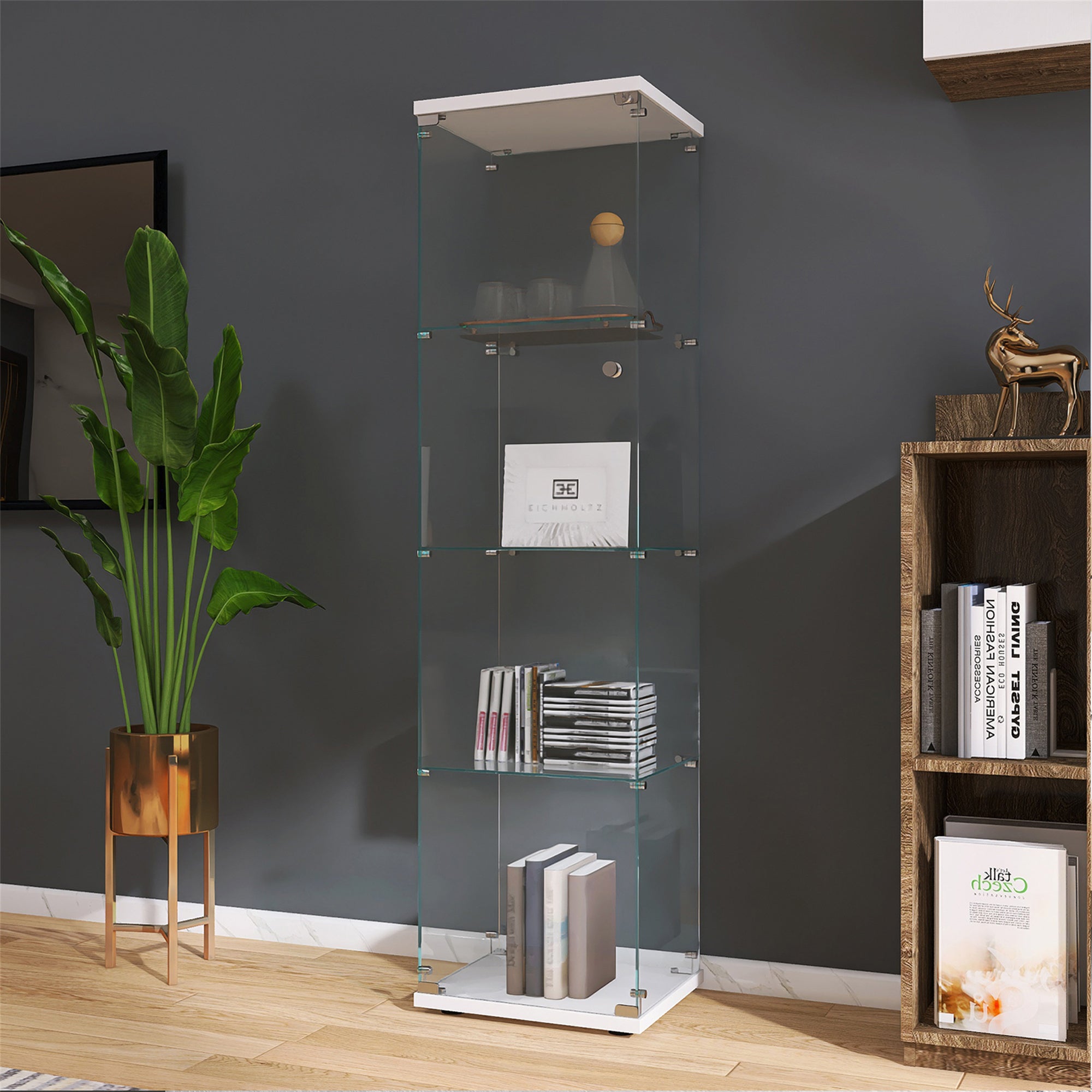 4 Shelves Glass Cabinet Glass Display Cabinet with One Door, White-UH Decor-Default-Urbanheer