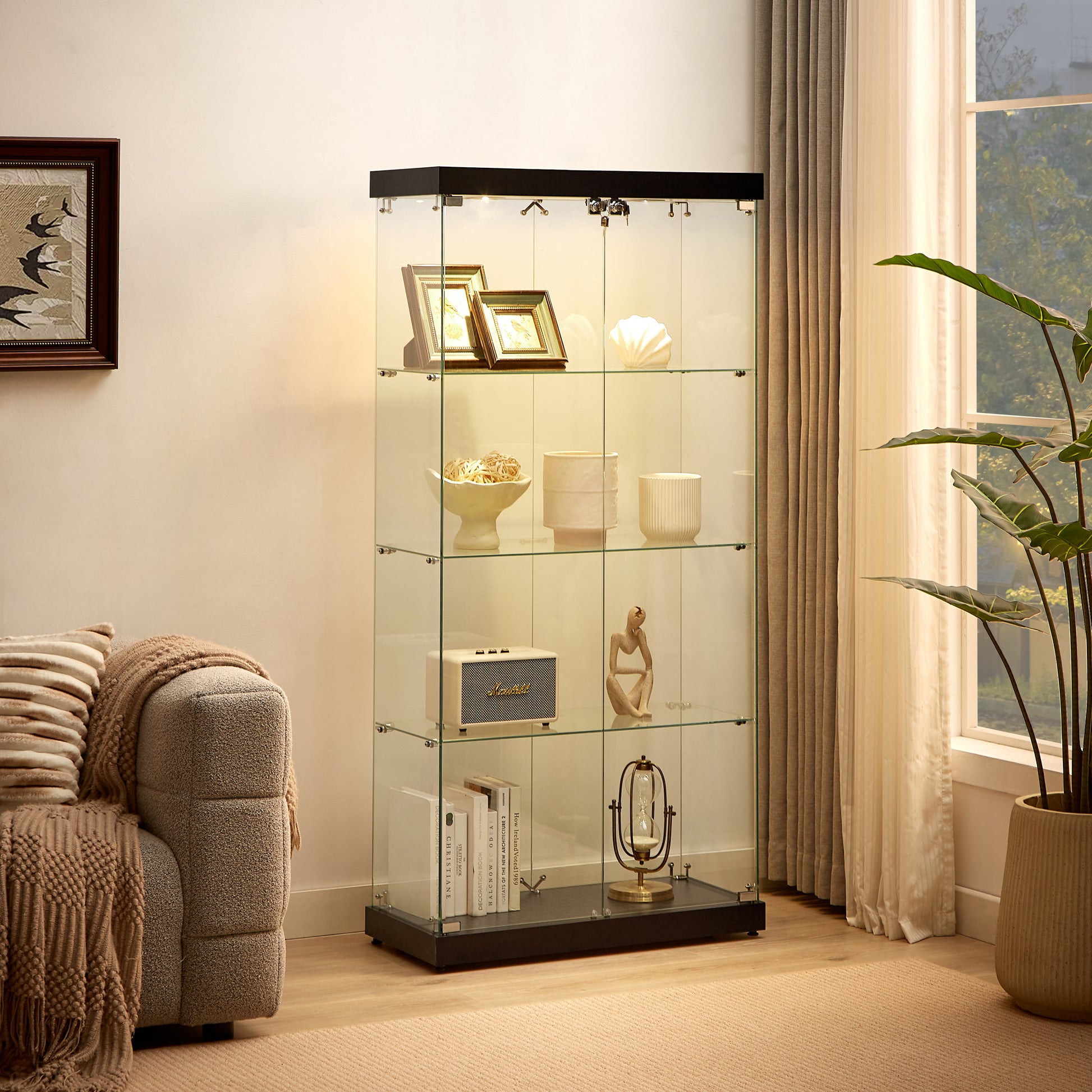 4-Tier Glass Display Cabinet, Double Door Glass Cabinet, Four Partitions, Two Locks, Floor Standing-UH Decor-Default-Urbanheer