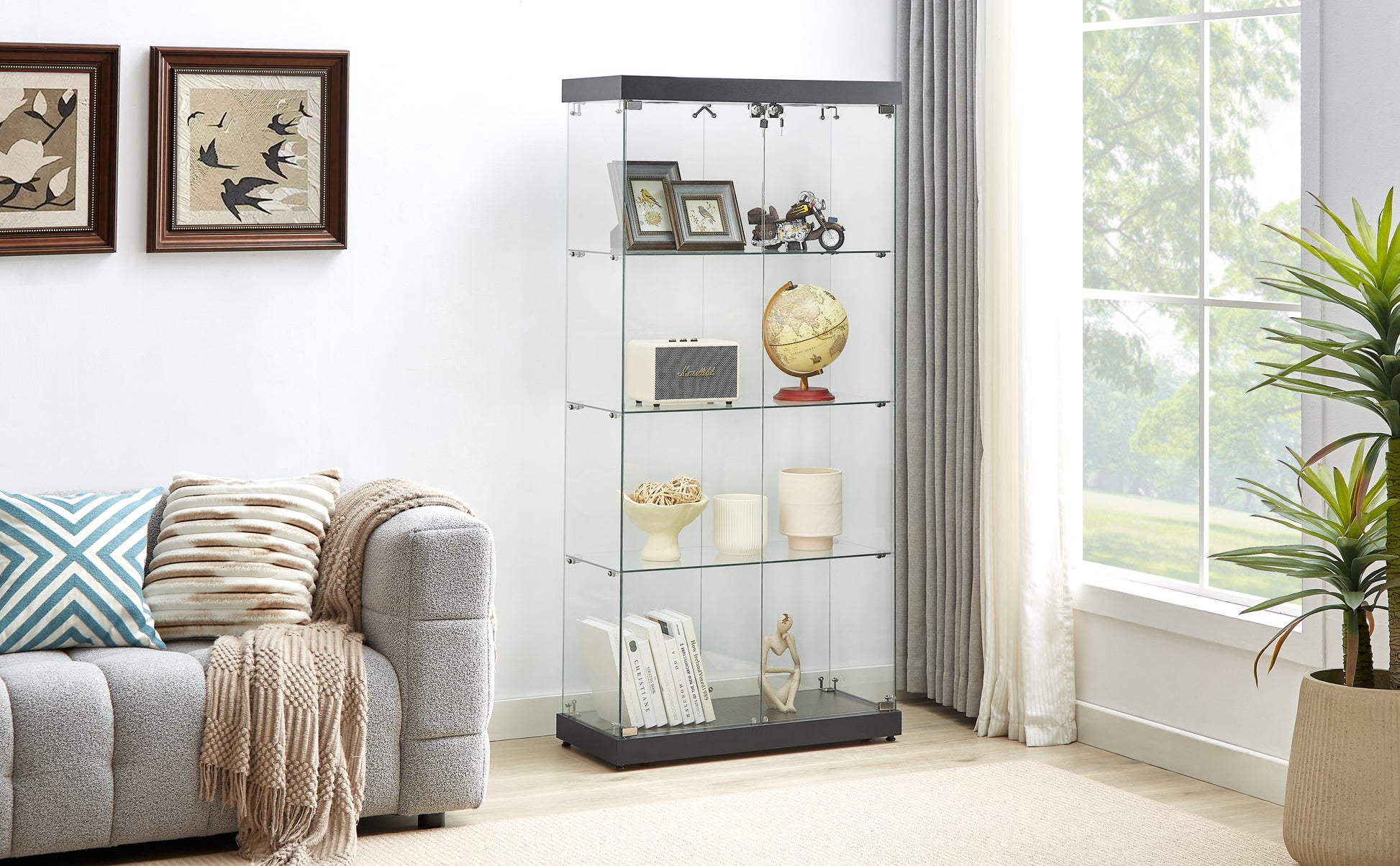 4-Tier Glass Display Cabinet, Double Door Glass Cabinet, Four Partitions, Two Locks, Floor Standing-UH Decor-Default-Urbanheer
