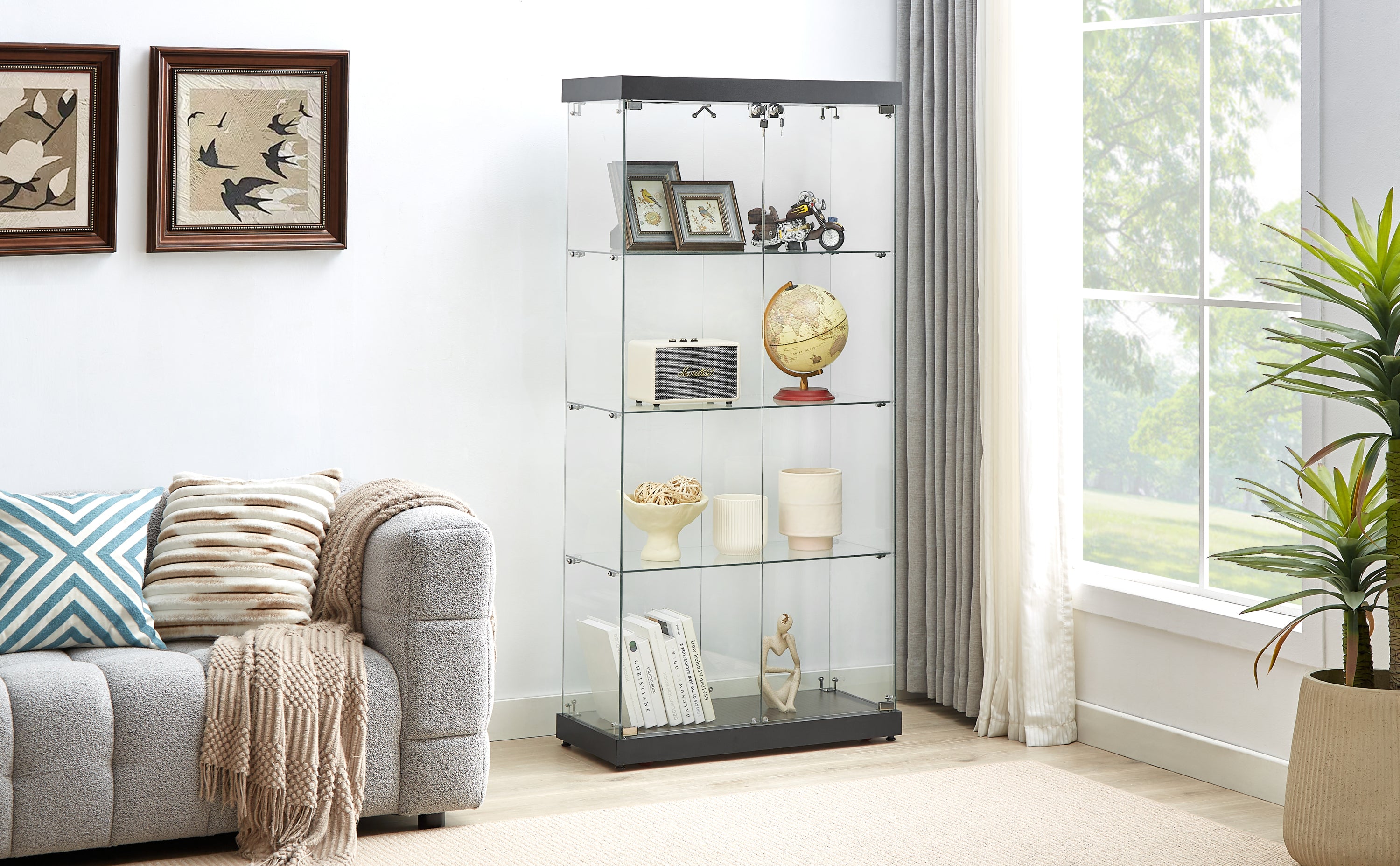 4-Tier Glass Display Cabinet, Double Door Glass Cabinet, Four Partitions, Two Locks, Floor Standing-UH Decor-Default-Urbanheer