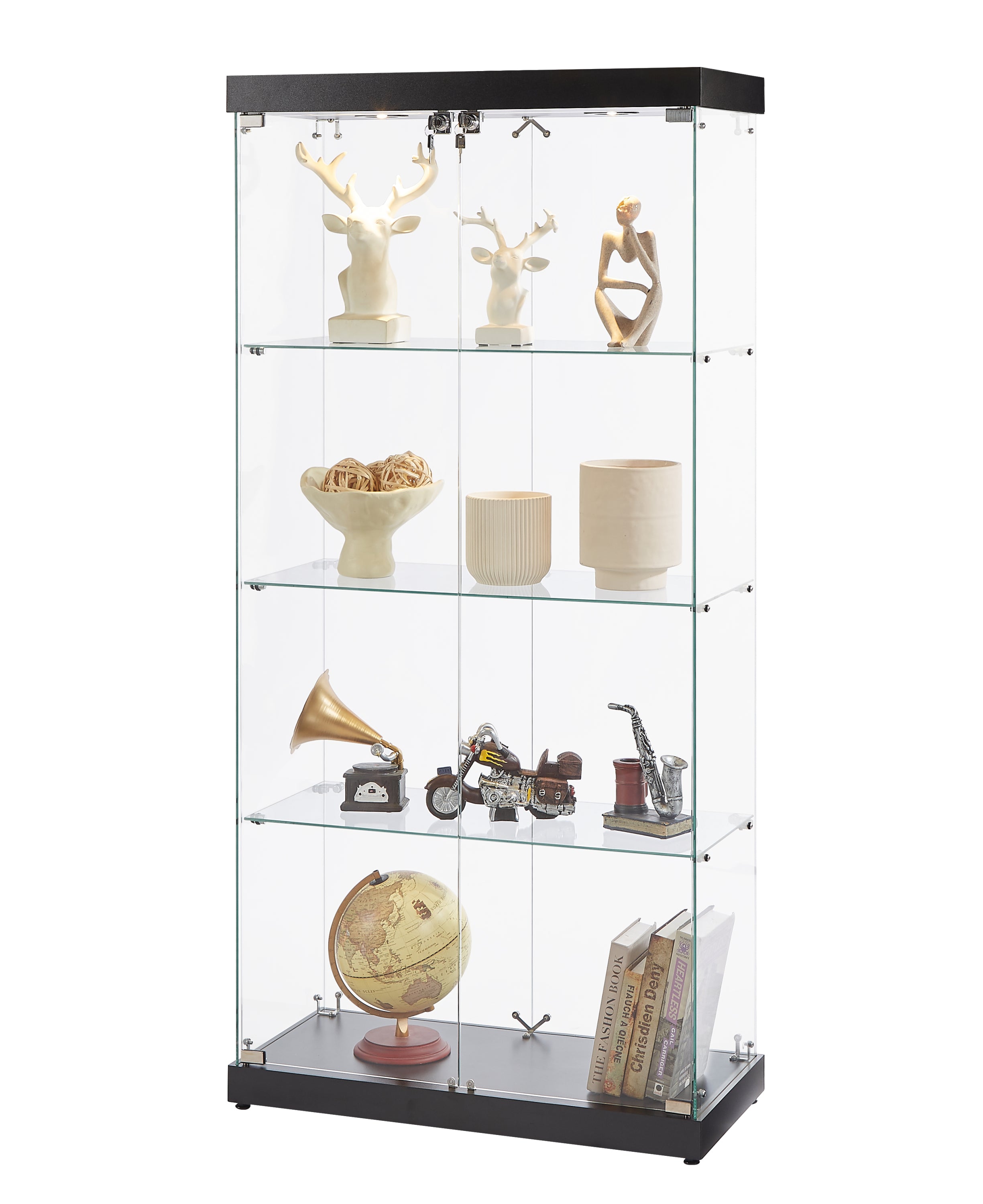 4-Tier Glass Display Cabinet, Double Door Glass Cabinet, Four Partitions, Two Locks, Floor Standing-UH Decor-Default-Urbanheer
