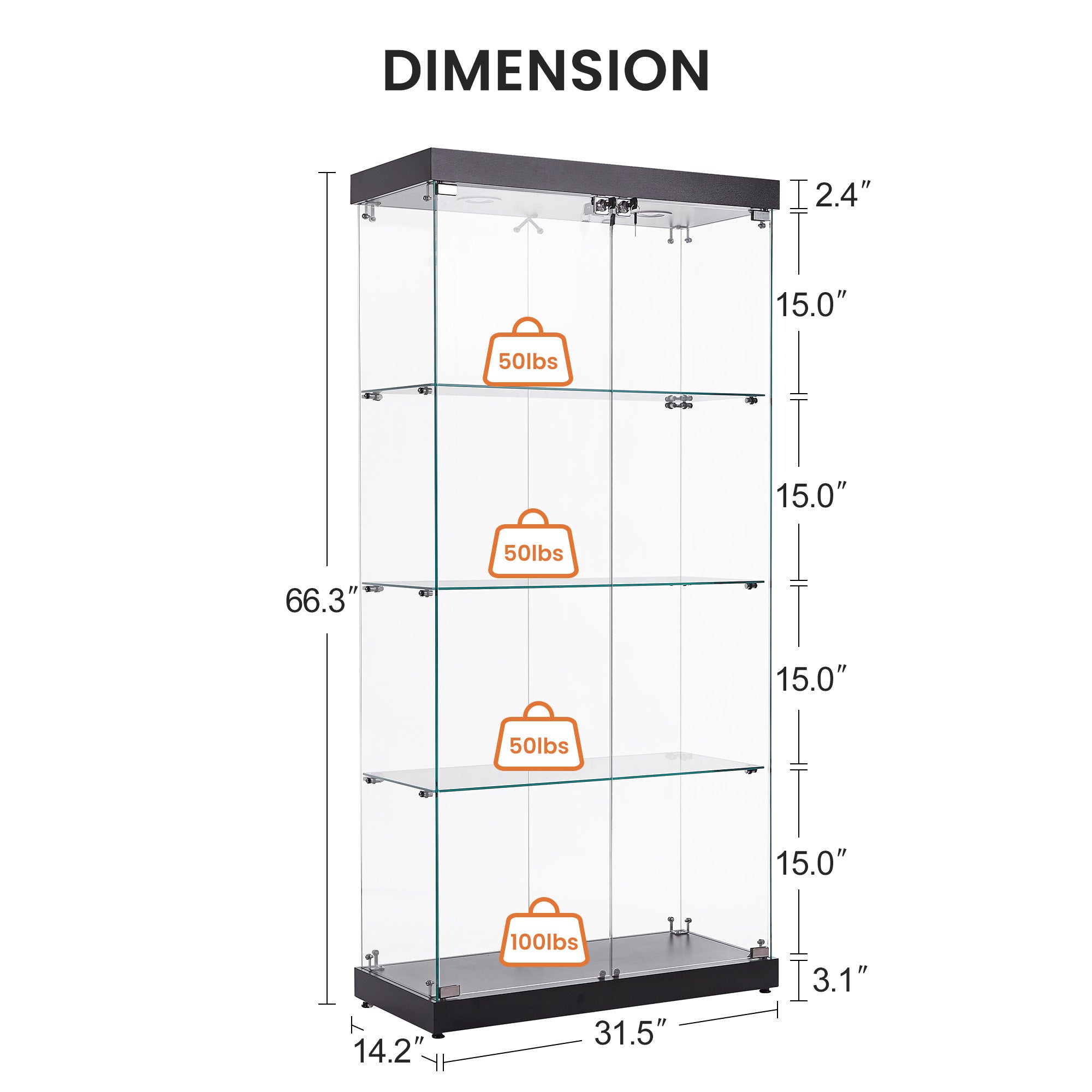 4-Tier Glass Display Cabinet, Double Door Glass Cabinet, Four Partitions, Two Locks, Floor Standing-UH Decor-Default-Urbanheer