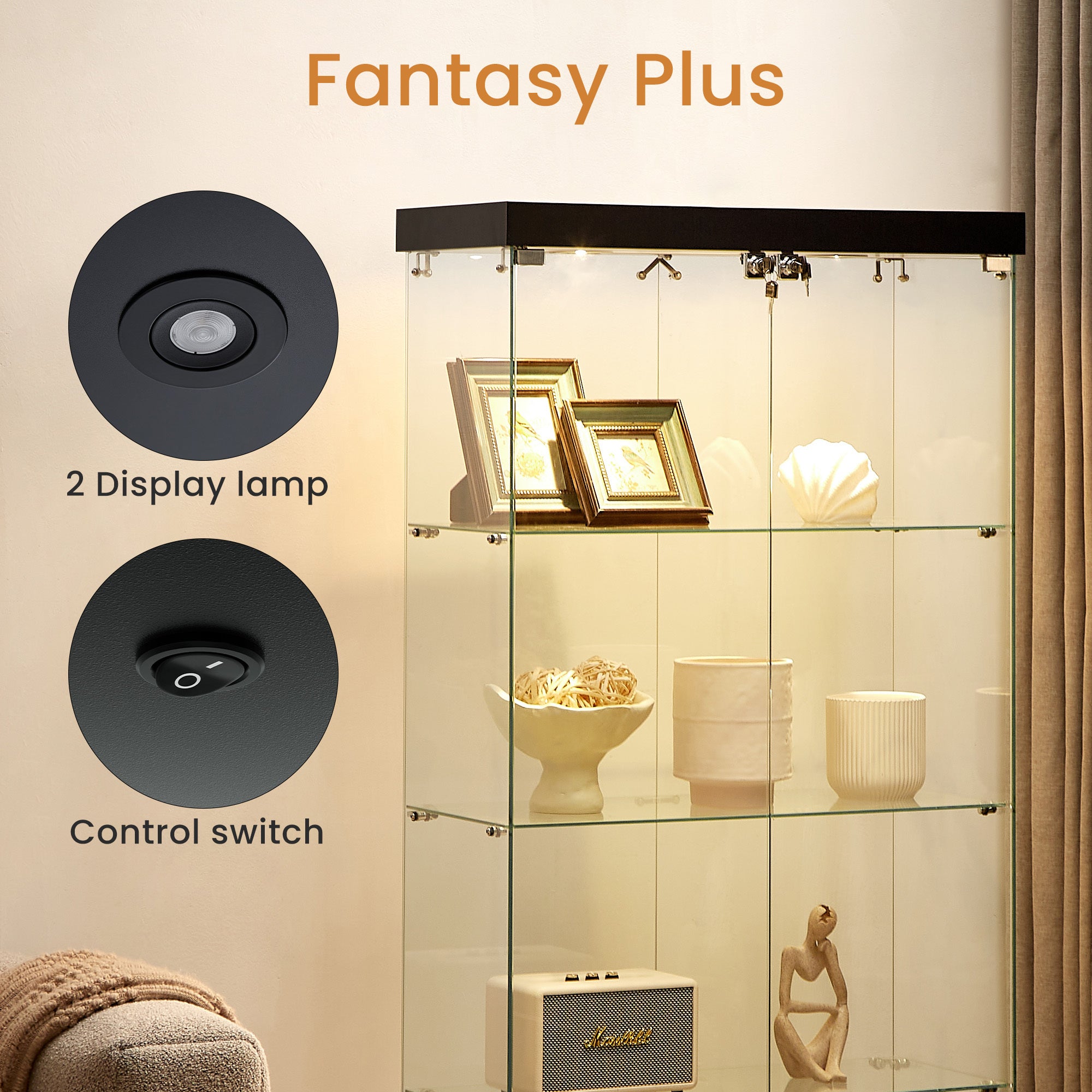 4-Tier Glass Display Cabinet, Double Door Glass Cabinet, Four Partitions, Two Locks, Floor Standing-UH Decor-Default-Urbanheer