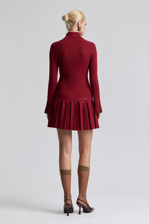 Drop-Waist Pleated Mini Sweater Dress - Red