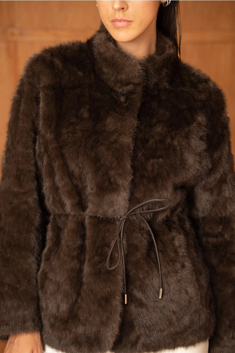 Mid-Length Belted Jacket with A High Faux-Fur Collar