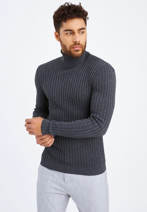 Men'S Knitted Fine Knit Turtleneck Pullover Anthracite-SWEATER-Leif Nelson GmbH-XXL-Urbanheer