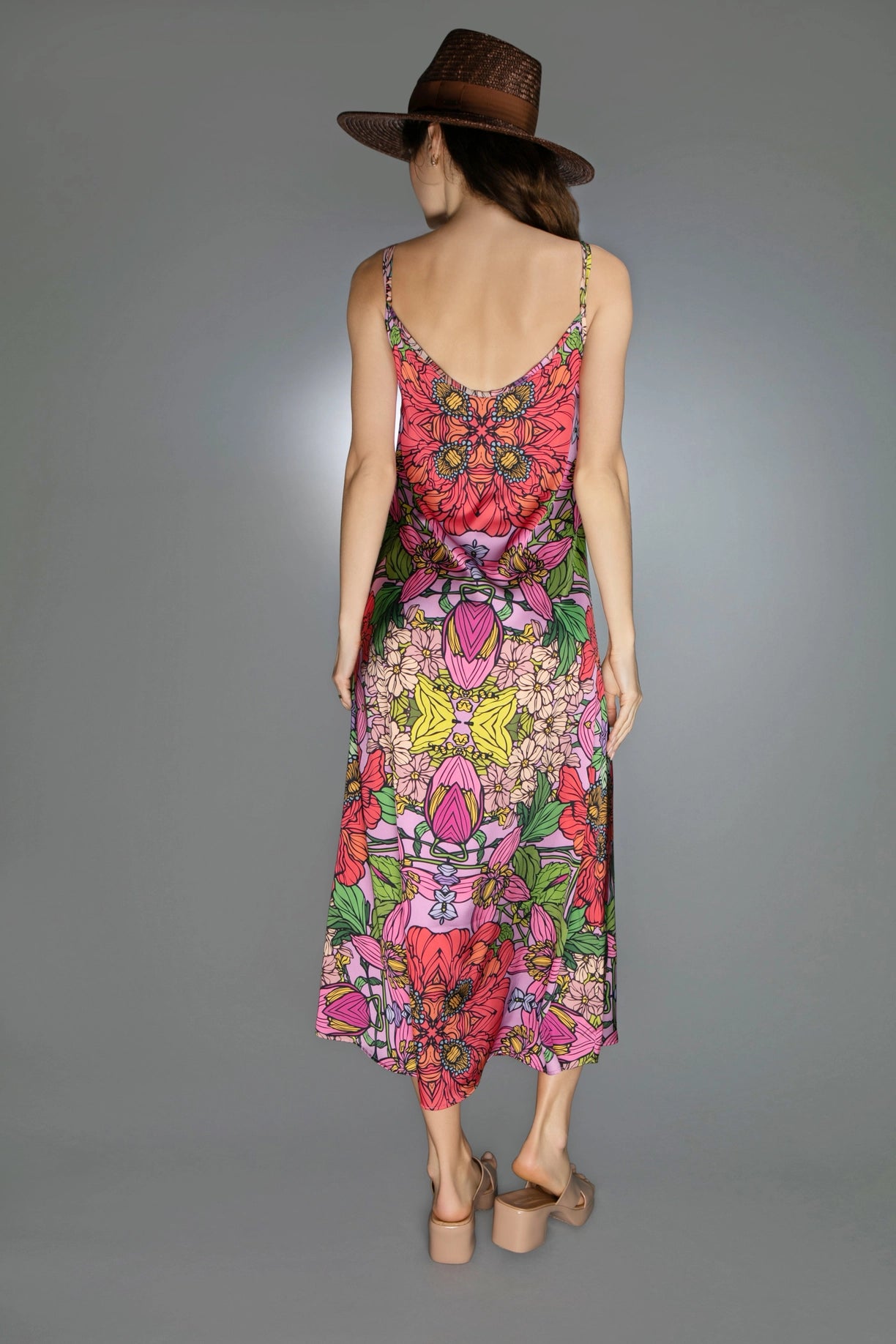 Deep V-Neckline Red Golden Garden Patterns Satin Slip Dress-Nuvula-XS-Urbanheer