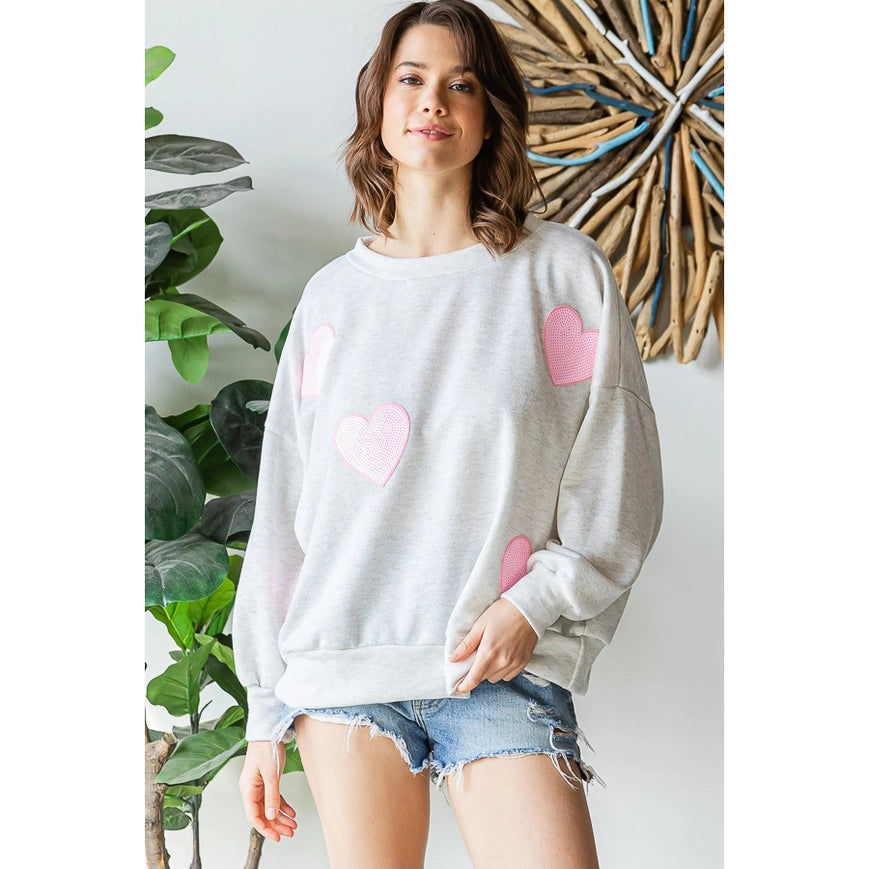 Sequined Heart Patch Sweatshirt-Sweatshirt-Peace Love Line-S-H GREY/PINK HEARTS-Urbanheer
