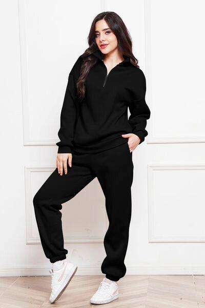 Half Zip Long Sleeve Sweatshirt and Pants Set Black-Sets-Blak Wardrob-Urbanheer