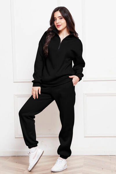 Half Zip Long Sleeve Sweatshirt and Pants Set Black-Sets-Blak Wardrob-S-Urbanheer