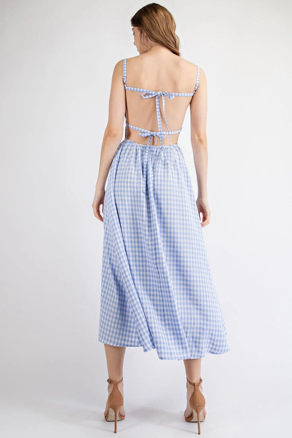 Gingham Midi Dress with Open Back Strap BLUE/WHT-Dress-EDIT by NINE-S-Urbanheer