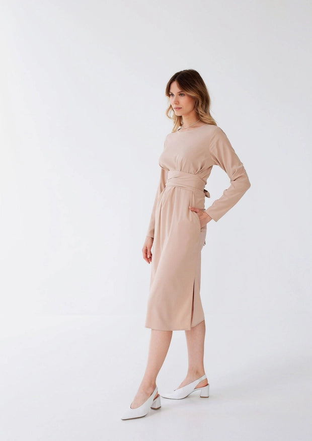 Wrap Linen Belted Beige Bridesmaid Dress For Women Midi-Dress-Nich Linen-XXS-Urbanheer