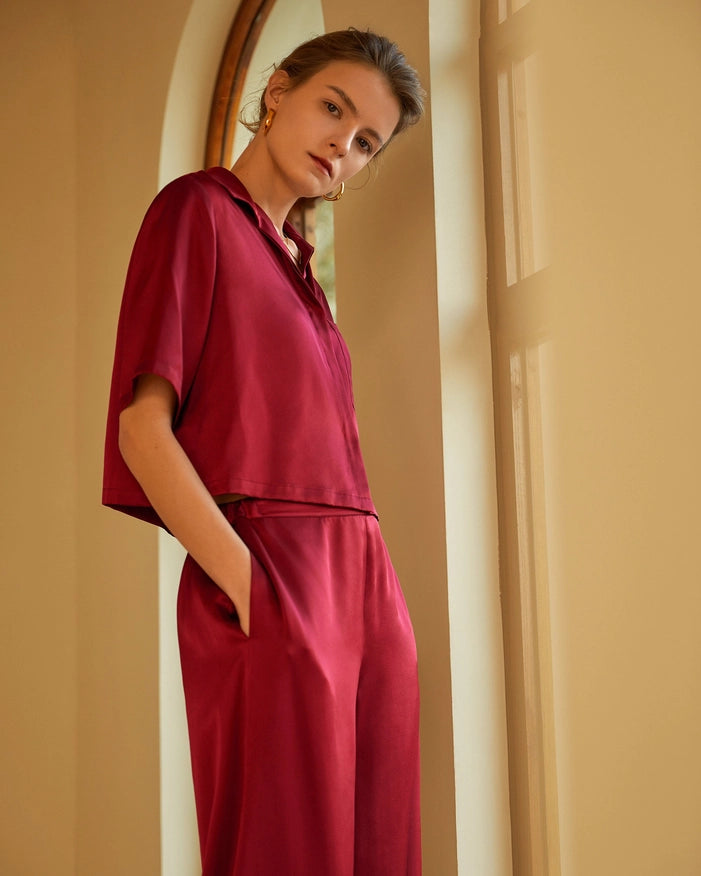 Short Sleeve Silk Pajamas Claret-Pajamas-MommeSilk-XS-Urbanheer