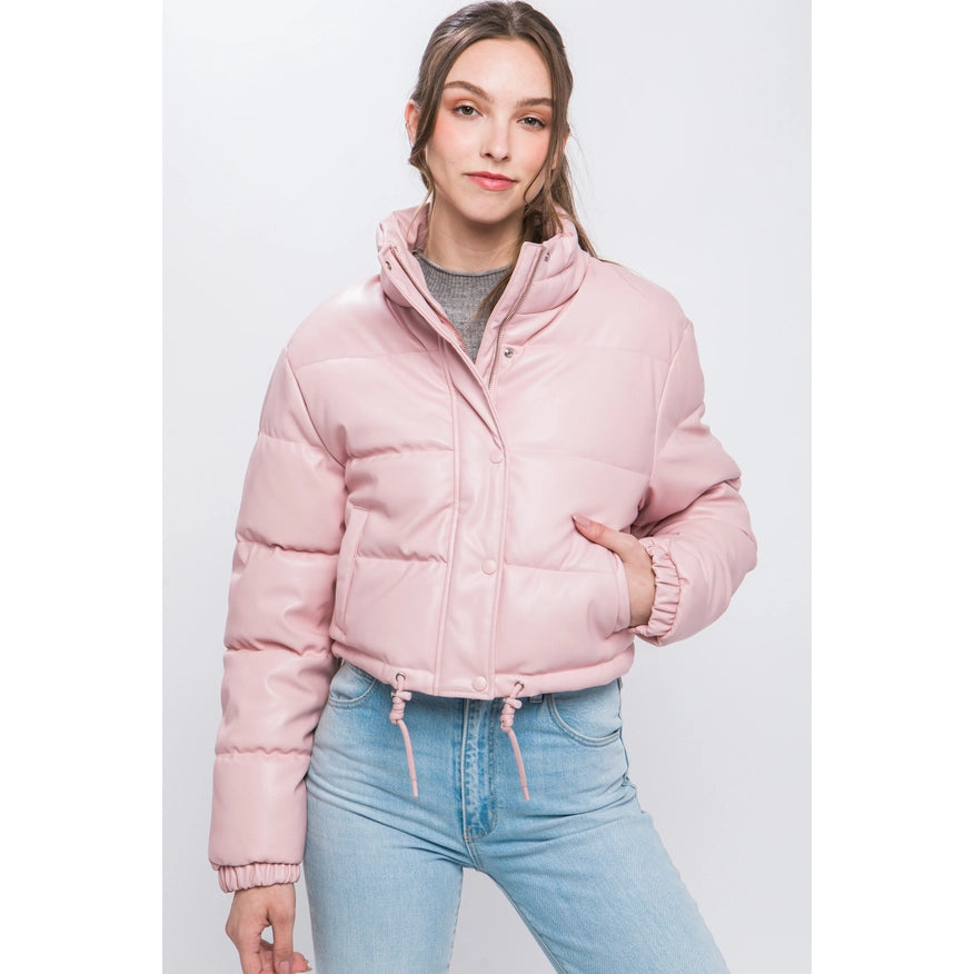 Faux Leather Puffer Jacket Pink-Jacket-Peace Love Line-S-Pink-Urbanheer