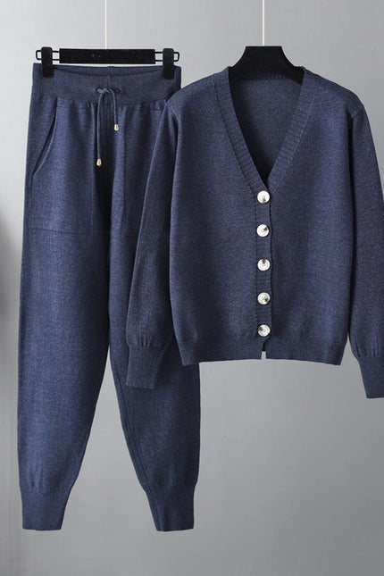 Autumn Winter V Neck Cardigan Sweater Harem Pants Suit Two Piece Sweater-Suits-Blak Wardrob-One Size-Royal Blue-Urbanheer