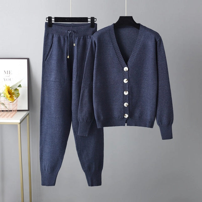 Autumn Winter V Neck Cardigan Sweater Harem Pants Suit Two Piece Sweater-Blak Wardrob-Urbanheer