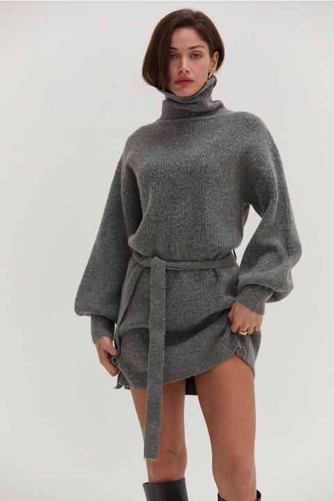 Audrina Turtleneck Sweater Dress with Tie Waist