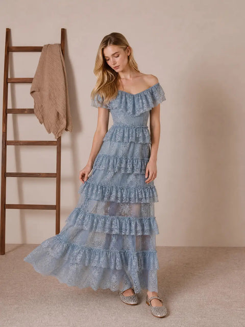 Boho Lace Tiered Ruffle Maxi Dress