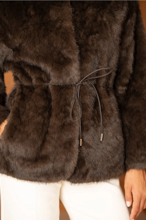Mid-Length Belted Jacket with A High Faux-Fur Collar