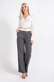 High Waisted Twill Trousers w/ Waist Contrast CHARCOAL/WHT-Trousers-EDIT by NINE-S-Urbanheer