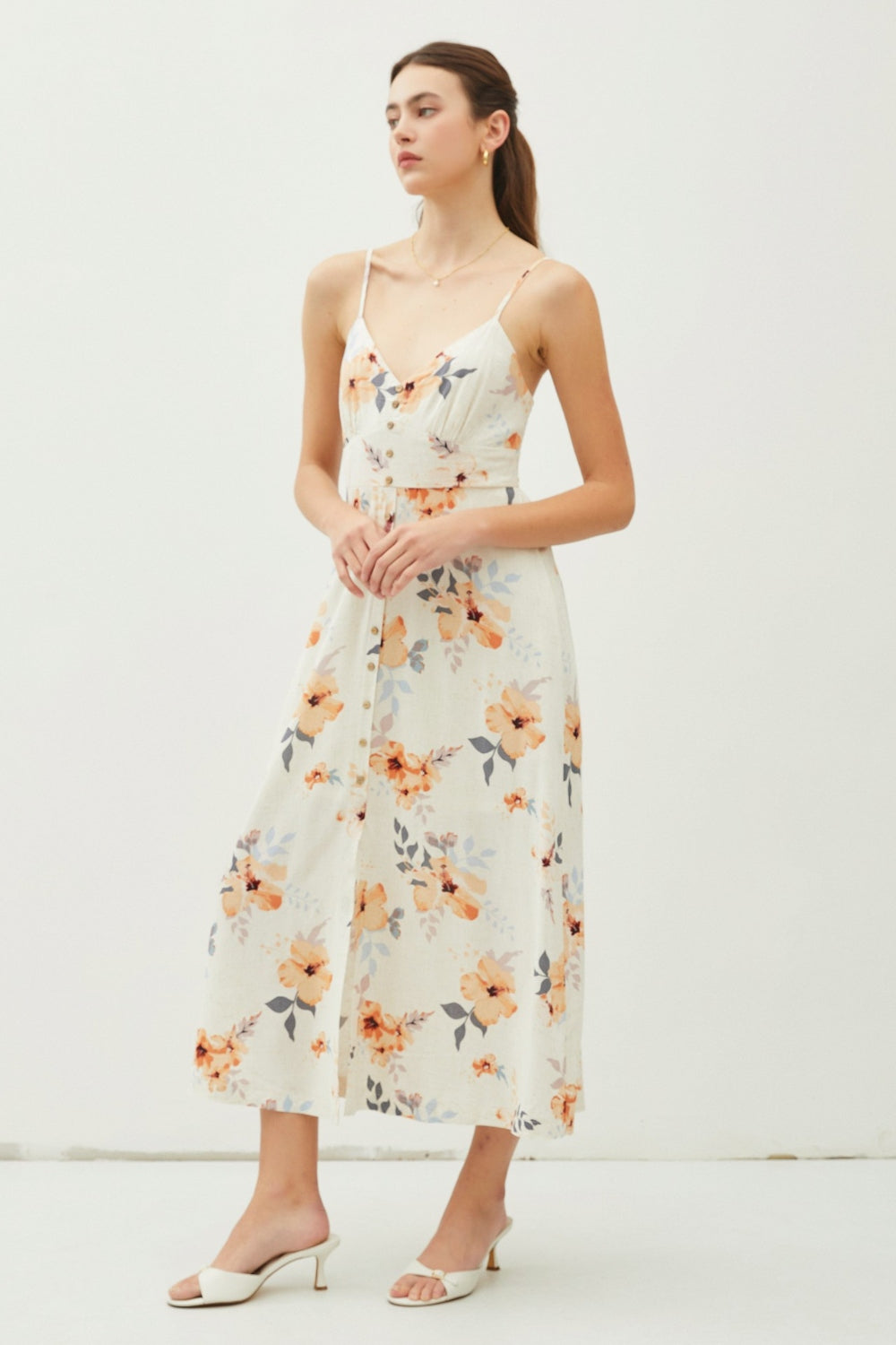 Be Cool Floral Button Down Cami Midi Dress-Street 360-PEACH HIBISCUS-S-Urbanheer