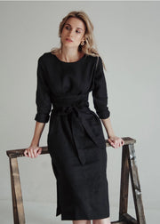 Black Classic Wrap Linen Dress For Women Midi-Dress-Nich Linen-XXS-Urbanheer