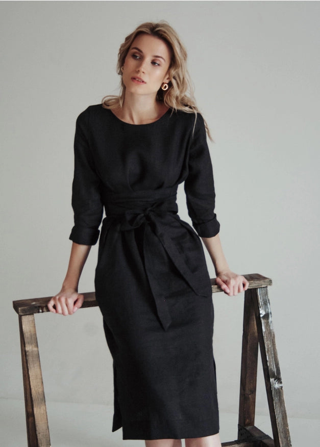 Black Classic Wrap Linen Dress For Women Midi-Dress-Nich Linen-XXS-Urbanheer