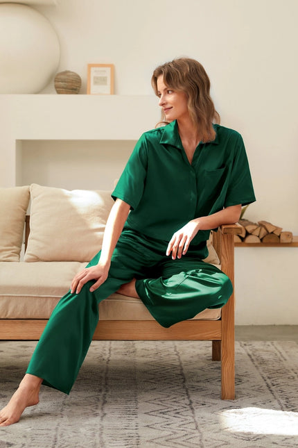 Short Sleeve Silk Pajamas Emerald Green-Pajamas-MommeSilk-Urbanheer