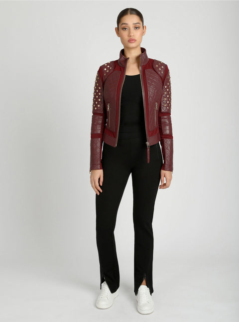 Pyramid Stud Mesh Genuine Leather Moto Jacket - Oxblood Red
