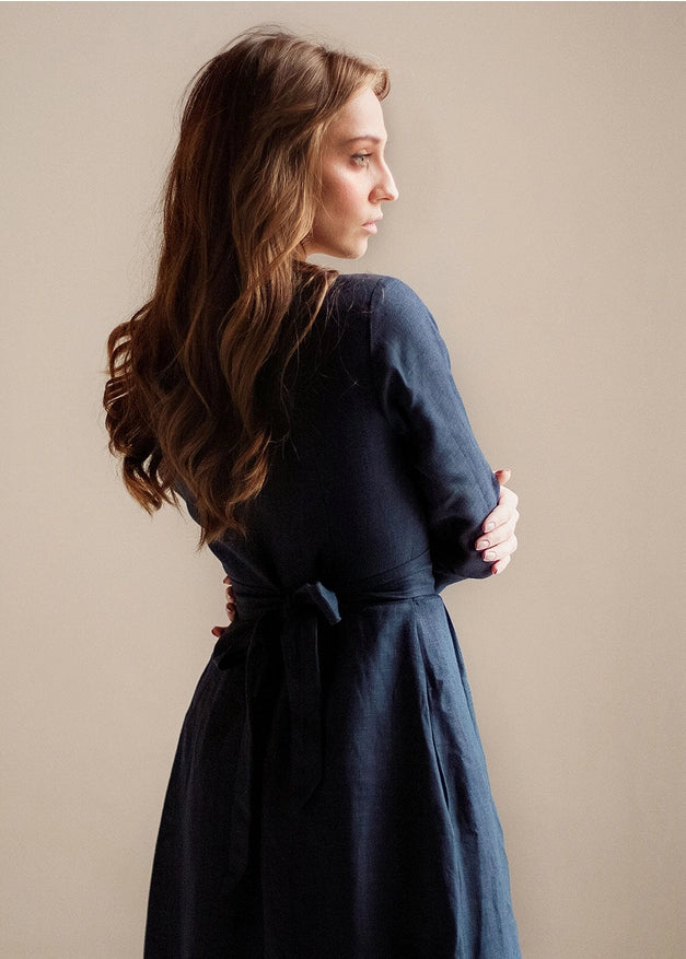 Navy Blue Linen Dress Maxi with Front Buttons and Collar