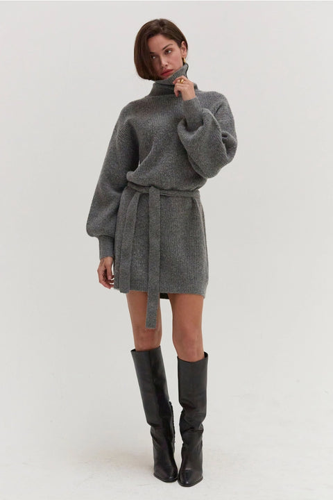 Audrina Turtleneck Sweater Dress with Tie Waist