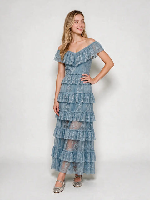 Boho Lace Tiered Ruffle Maxi Dress