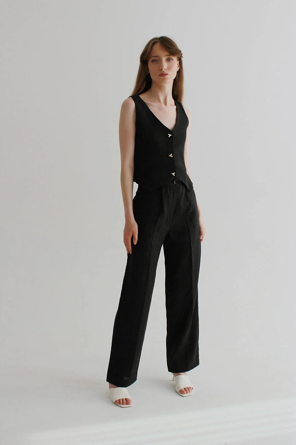 Set Of Black Linen Pants And Waistcoat-Sets-Nich Linen-Of Top-XXS/XS-Urbanheer