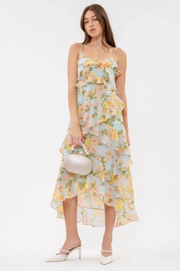 Clip Dot Floral Ruffle Midi Dress LIGHT SAGE MULTI-Dress-Blu Pepper-LIGHT SAGE MULTI-Urbanheer