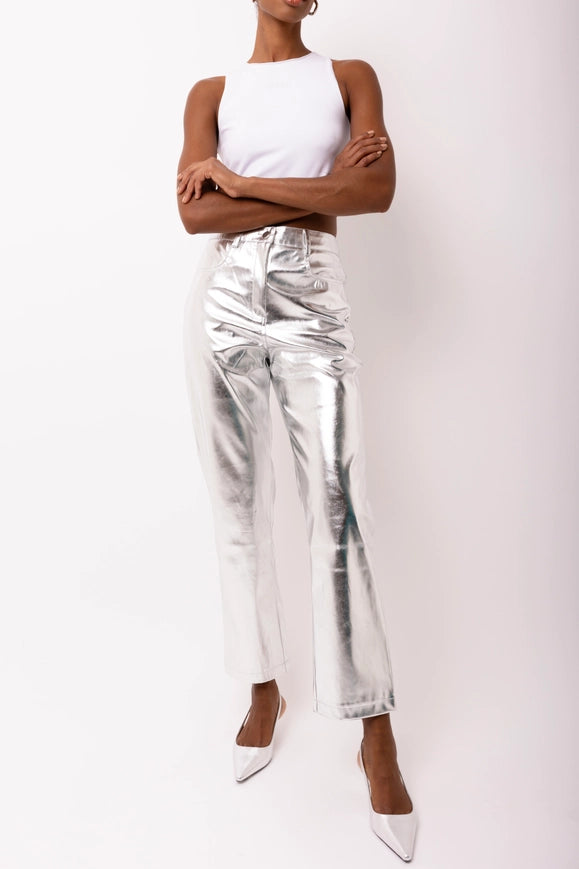 Lupe Straight Faux Leather Metallic Pants Silver-Pants-Amy Lynn-S-Urbanheer