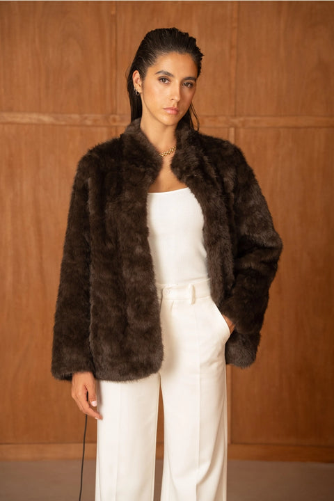 Mid-Length Belted Jacket with A High Faux-Fur Collar