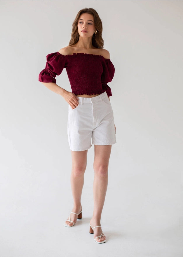 Burgundy Off The Shoulder Puffed Sleeve Linen Top For Woman-TOP-Nich Linen-XXS-Urbanheer