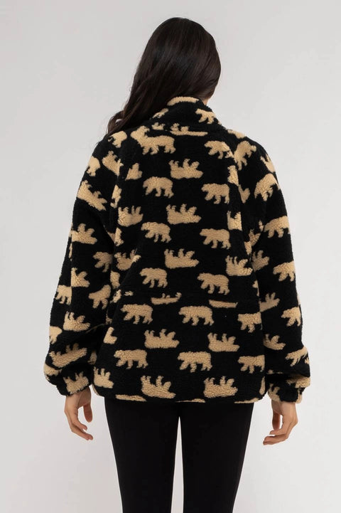 Bear Print Button Up Fleece-Blu Pepper-S-Urbanheer