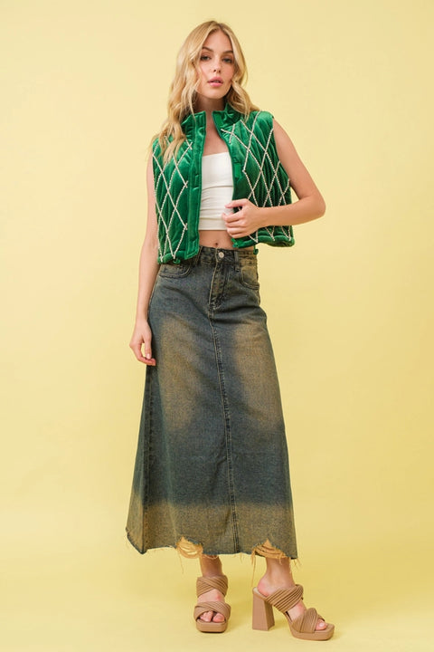 Velvet Quilted Rhinestone Embellished Crop Vest Green-Vest-Blue B-S-Urbanheer