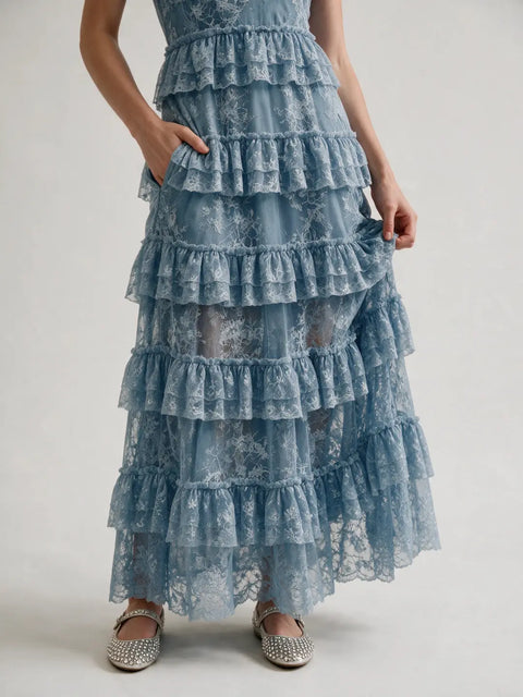 Boho Lace Tiered Ruffle Maxi Dress