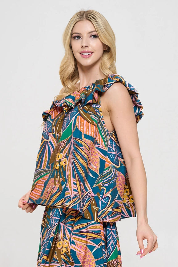 Tropical Leaf Print One Shoulder Top with Ruffle Blue/Orange-TOP-Renee C.-S-Blue/Orange-Urbanheer