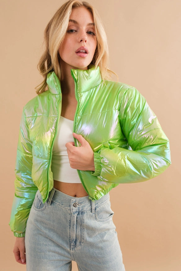 Windbreaker Metallic Puffer Crop Zip Up Jacket Lime-Jacket-Blue B-S-Urbanheer