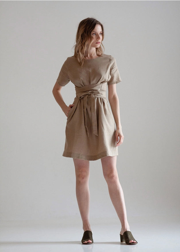 Beige Tie Belt Wrap Linen Bridesmaid Dress For Woman Mini-Dress-Nich Linen-XXS-Urbanheer