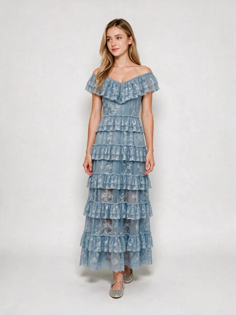 Boho Lace Tiered Ruffle Maxi Dress