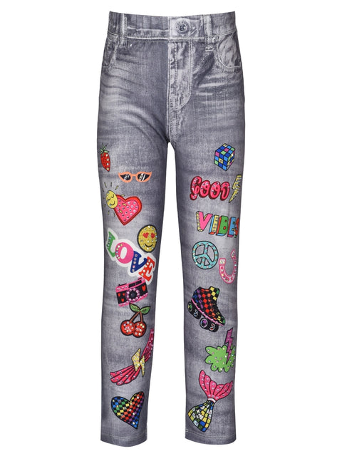 Denim Print Legging w/ Rhinestones