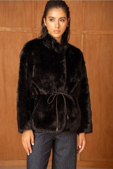Mid-Length Belted Jacket with A High Faux-Fur Collar